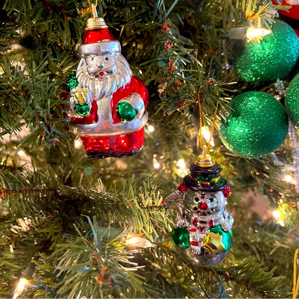 Vintage Kitsch Christmas Ornaments Plastic Black Hat Snowman and Santa Clause